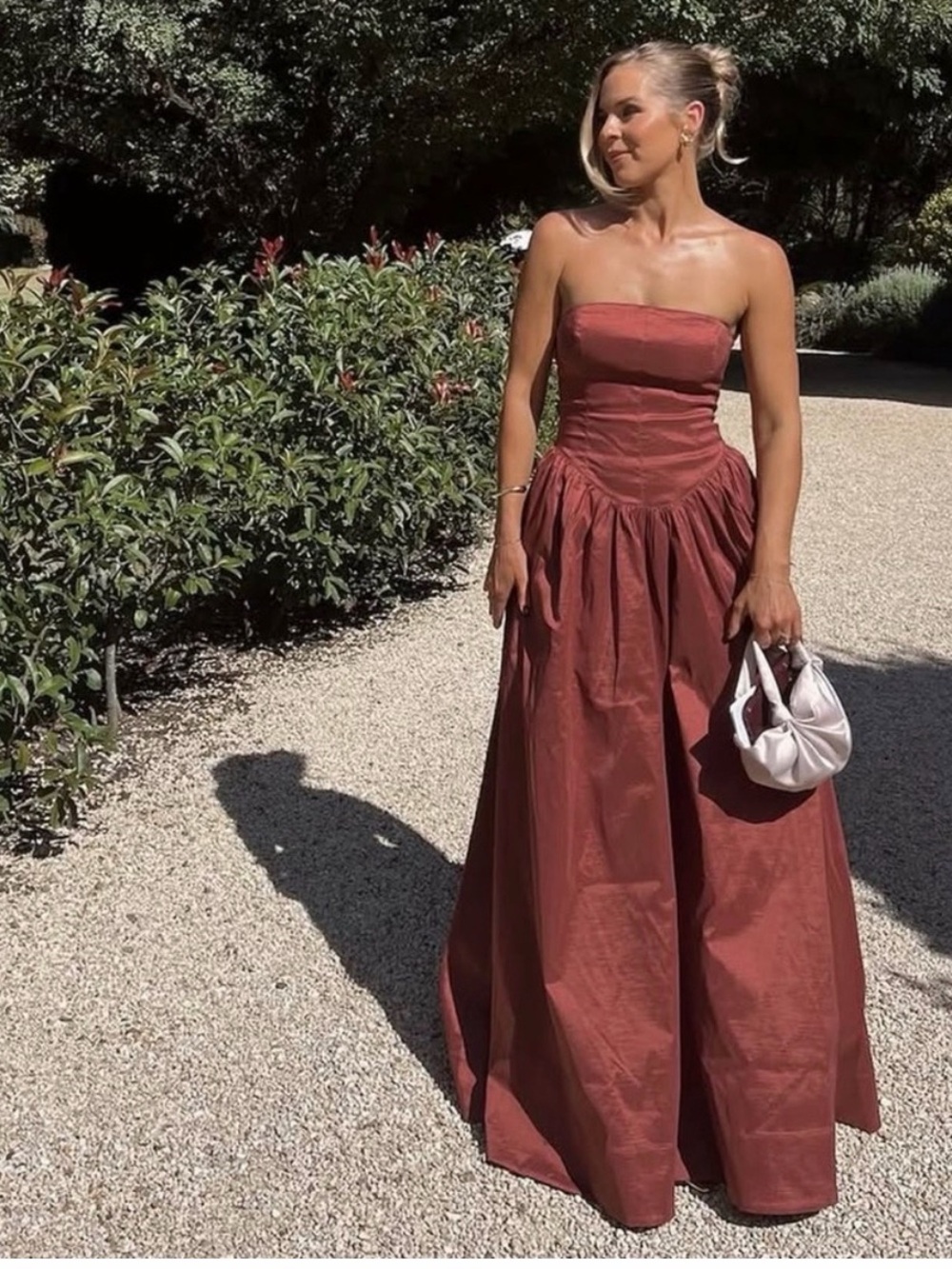 Hansen & Gretel Audrey Deep Red Strapless Drop Waist Formal Maxi Gown in Pinot